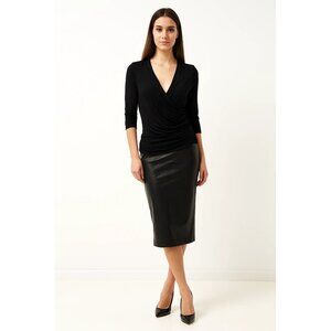 Patty Black Deep V-Neck Ruched Waist Sweater 3/4 Sleeves Rayon/Spandex Large NWT